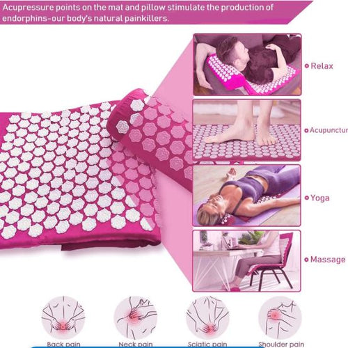 BlissPoint Pink Acupressure Yoga Mat & Massage Cushion Set